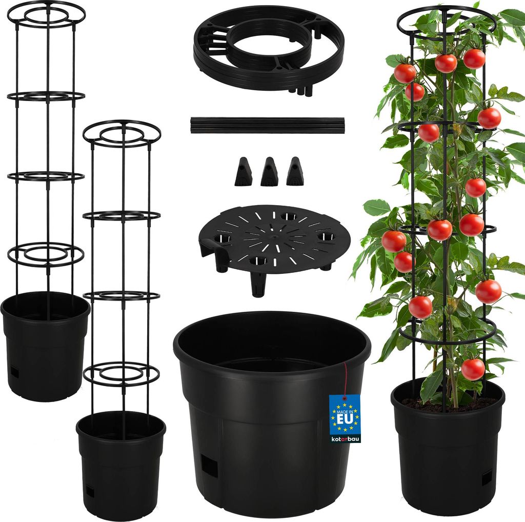 KOTARBAU 2er Set Tomatenpflanze Pflanzkübel 30 cm mit Rankhilfe 115 cm Tomatentopf für Balkon Pflanzenstütze Schwarz