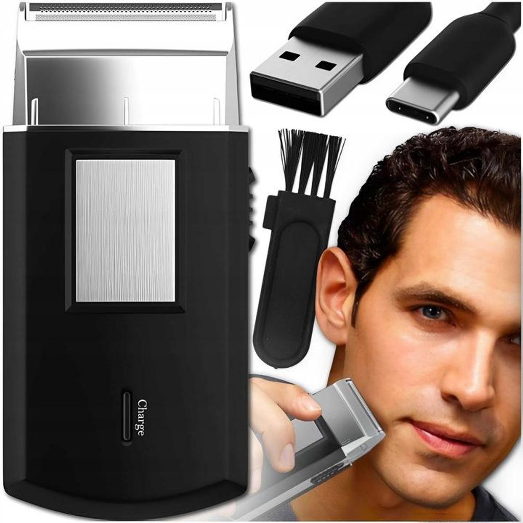 Herren Reise Rasierer Kabellos USB-C Mini Folienrasierer Schwarz Mit Ersatzkopf Reinigungsbuerste Ladekabel 10cm