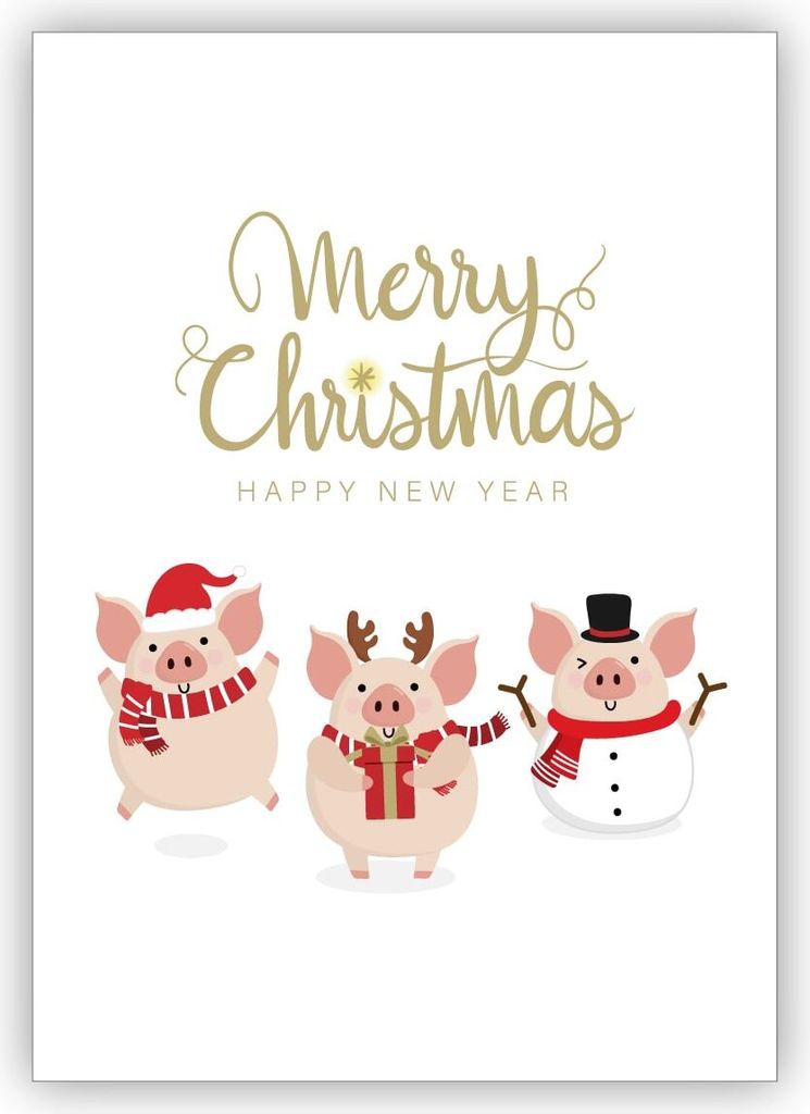 lustige Weihnachtskarte mit kleinen Schweinchen: Merry Christmas & happy new year