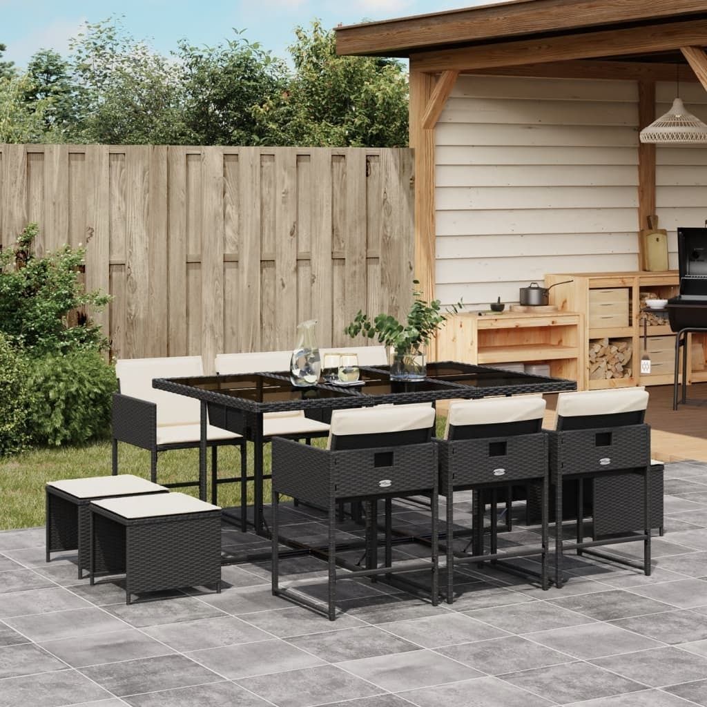 Möbel 11-tlg. Garten-Essgruppe mit Kissen Schwarz Poly Rattan - Balkonmöbel 3278093