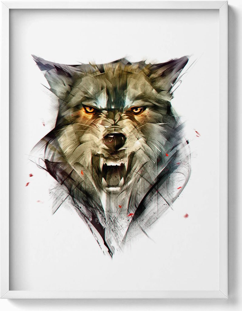 Gezeichnetes Porträt eines Wolfs– Wandbild mit Rahmen – Gerahmtes Bild – Wanddekoration – 60x80 cm – Weiß Rahmen