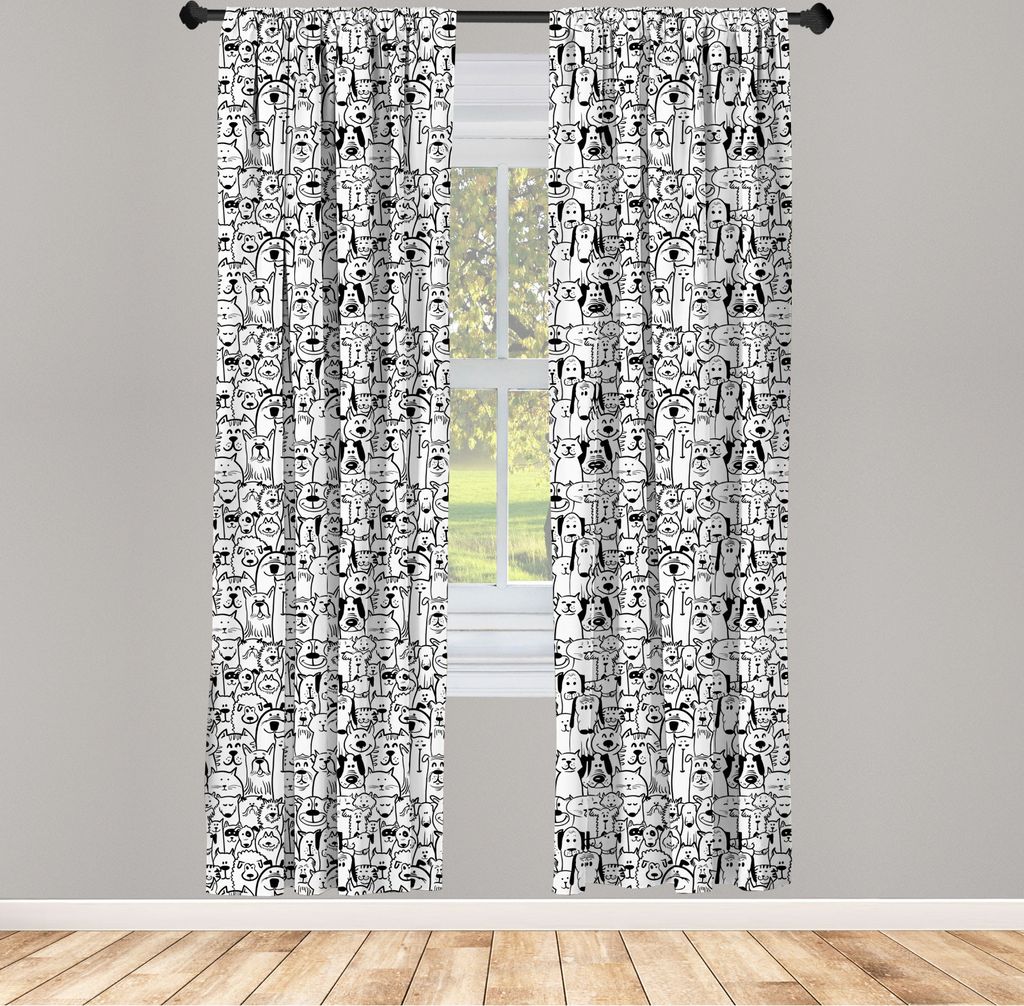 ABAKUHAUS Hunde Vorhänge, Gardinen, Monochrom-Gekritzel-Kunst-Zusammensetzung mit Fröhlich Tieren Lächeln Cute Pet Gesichter, 2 Stück 75 x 245 ...