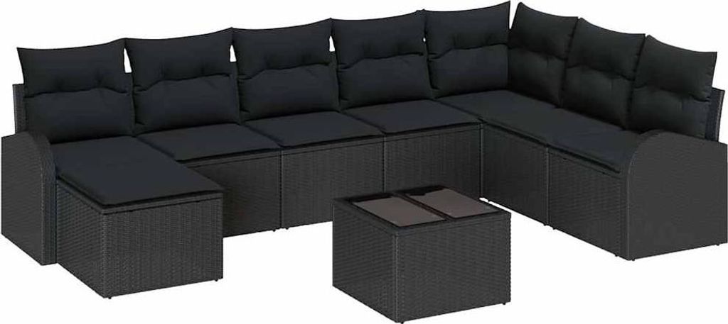 Sofa Set mit Kissen mit Speicher 9 pcs Schwarz Poly-Rattan