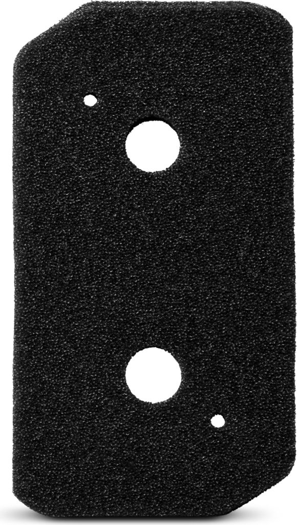 A black foam filter with two circular cutouts and one small circular cutout.