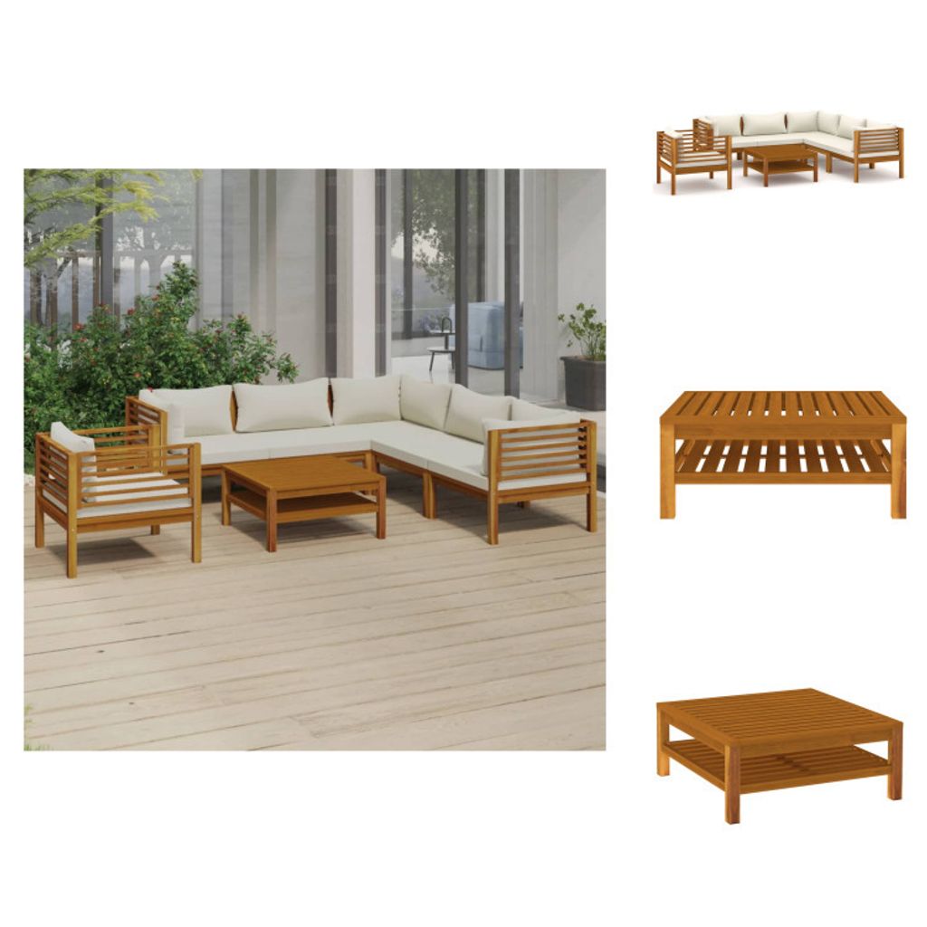vidaXL 7-tlg. Garten-Lounge-Set mit Creme Kissen Massivholz Akazie - Gartenmöbel-Sets