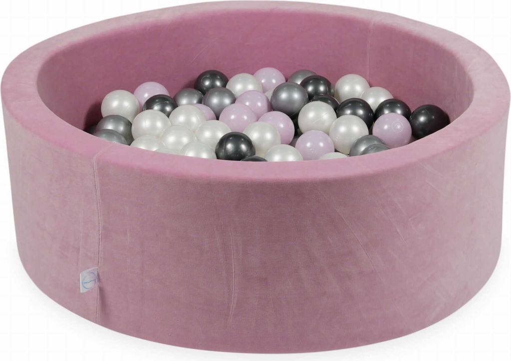 Bällebad 90x30cm Samt Soft Pink – Mit 200 Bällen / Babyrosa Perle, Silber, Metallic Graphit, Perle
