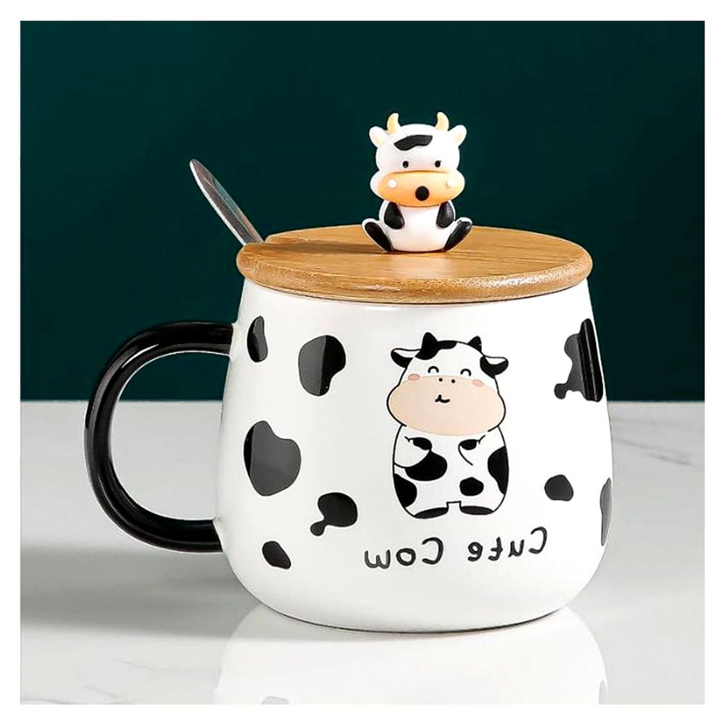 Becher Tasse Kuh kaffeetasse Kuhmotiv Teetasse mit Löffel & Deckel Lustige Cute Geschenk für Freund 400 ml, 1Stk (A)