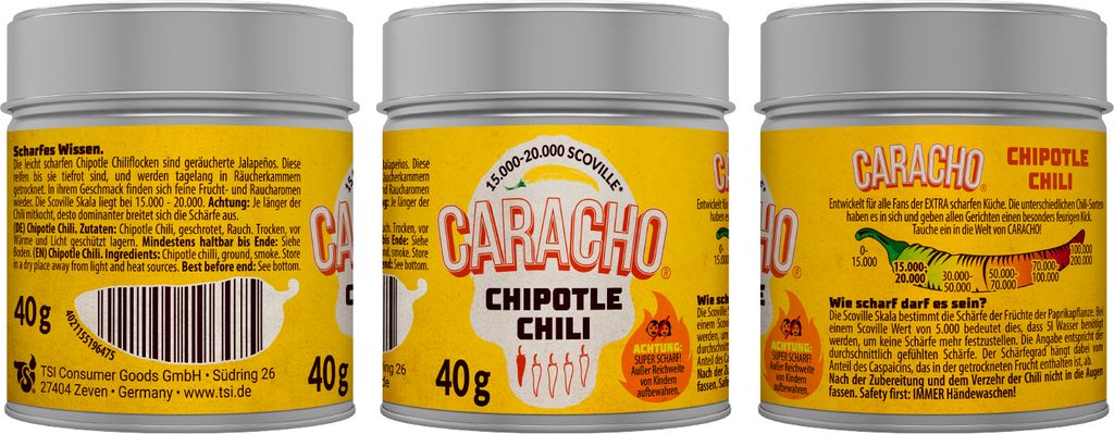 CARACHO 3er Pack x 40g Chili Chipotle Chiliflocken geschrotet - Premium 100% Scharfes Chillipulver in Metal Gewürz Dose/Scoville: 15.000-20.000 / ...