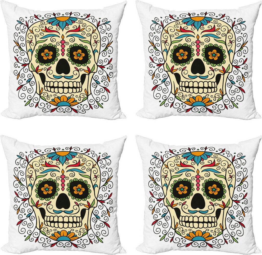 ABAKUHAUS Zuckerschädel Kissenbezug Set (4 Stück), Calavera Hervorgehoben, Moderner Doppelseitiger Digitaldruck, 40 cm x 40 cm, Mehrfarbig