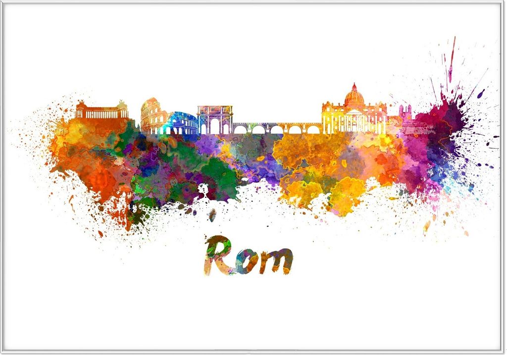 Wallario Wandbild Städte als Aquarell - Skyline von Rom, Größe: 70,30 x 100,30 cm, Poster mit weißem Kunststoffrahmen