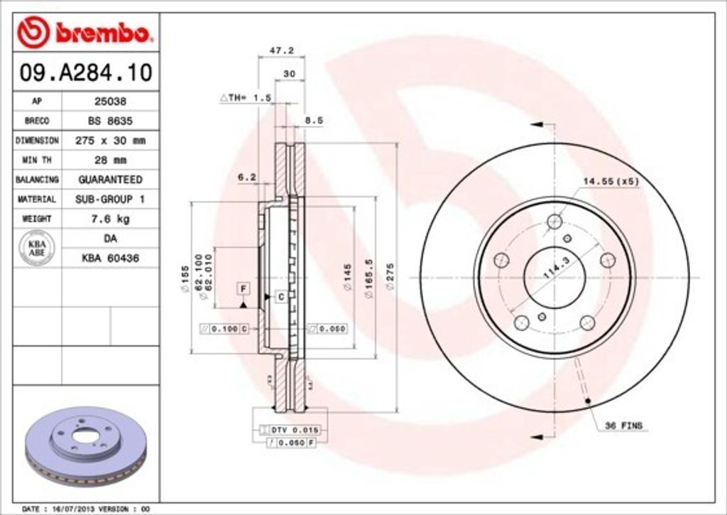 2x BREMBO Bremsscheibe 09.A284.10 für TOYOTA MR 2 II (SW2_) Produktbild 