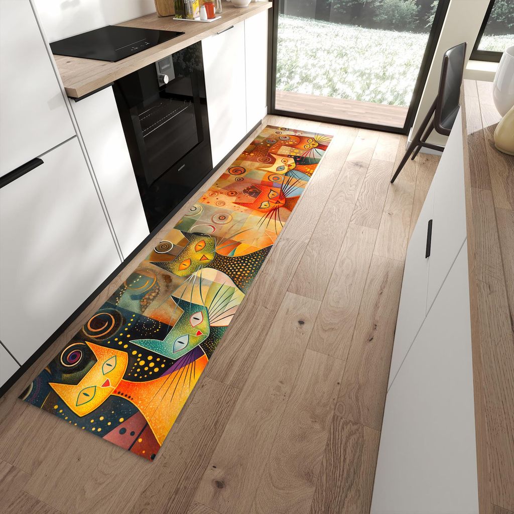 Küchenteppich 60x270cm rutschfest & abwischbar PVC Läufer - Katzenkunstwerk