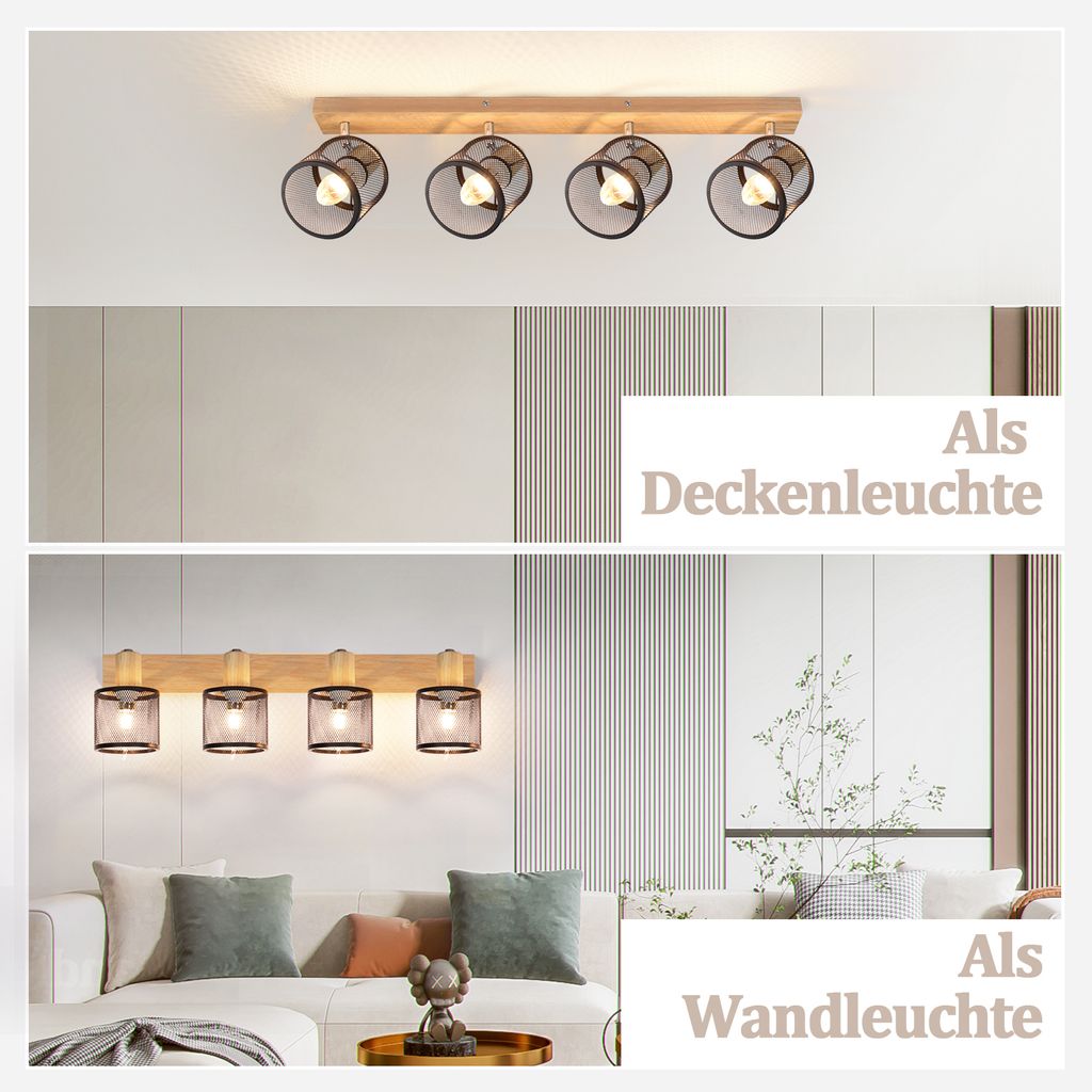 LEDKIA Deckenleuchte 'Tautau' Mit 4 Spots – Metall-Holz-Design In Schwarz, Für E14 Birnen, Perfekt Für Wohnzimmer & Küche