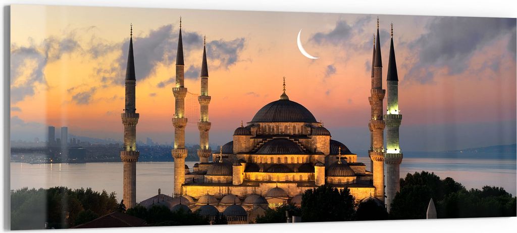 DEQORI Glasbild Echtglas 150x60 cm 'Mondsichel über Moschee' Wandbild Bild modern Deko