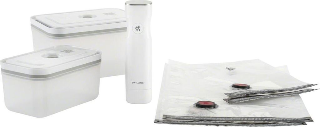 A set of vacuum storage containers and a vacuum sealer.