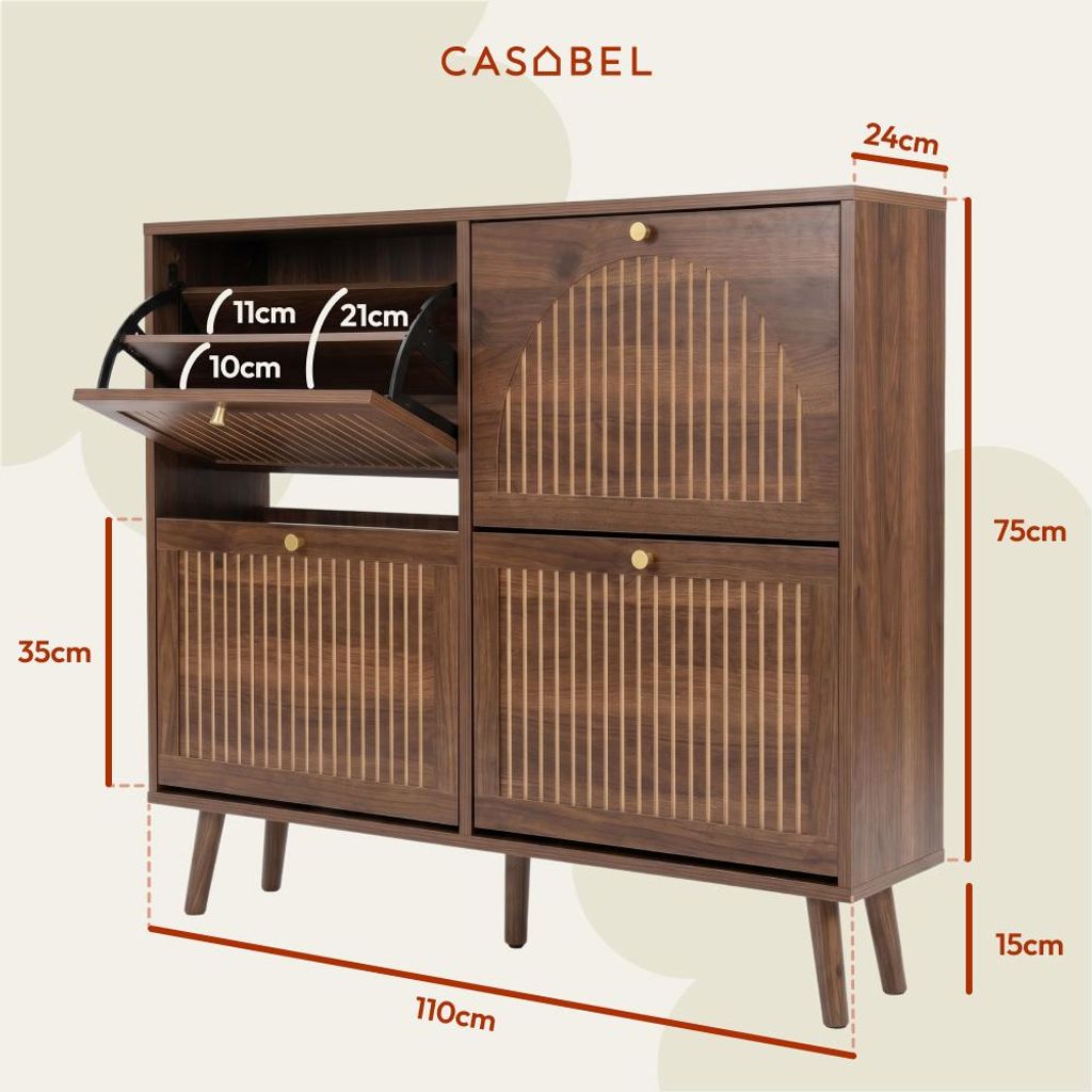 CASABEL Schuhschrank mit 4 Klappen, Retro-Stil, Dunkles Produktbild 