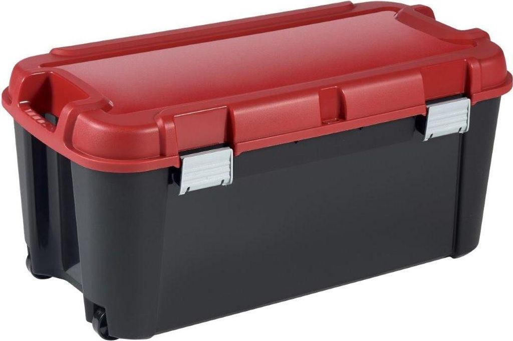 A black storage box with a red lid and silver clasps, shown from a slightly elevated front-left angle on a white background.