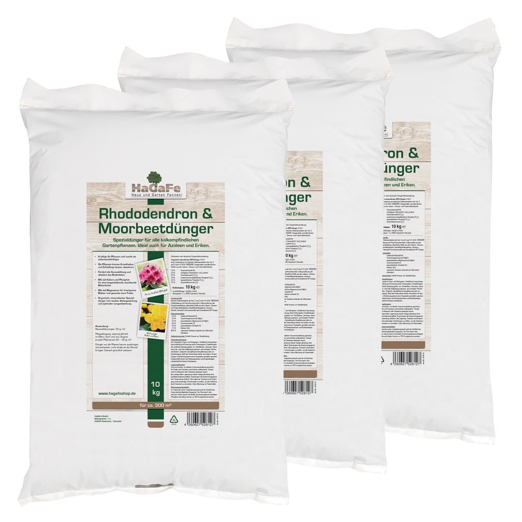 HaGaFe Rhododendrondünger, Moorbeetdünger, 3 x 10kg, Spezialdünger für alle Moorbeetpflanzen, Ideal auch für Azaleen, Heide und Eriken