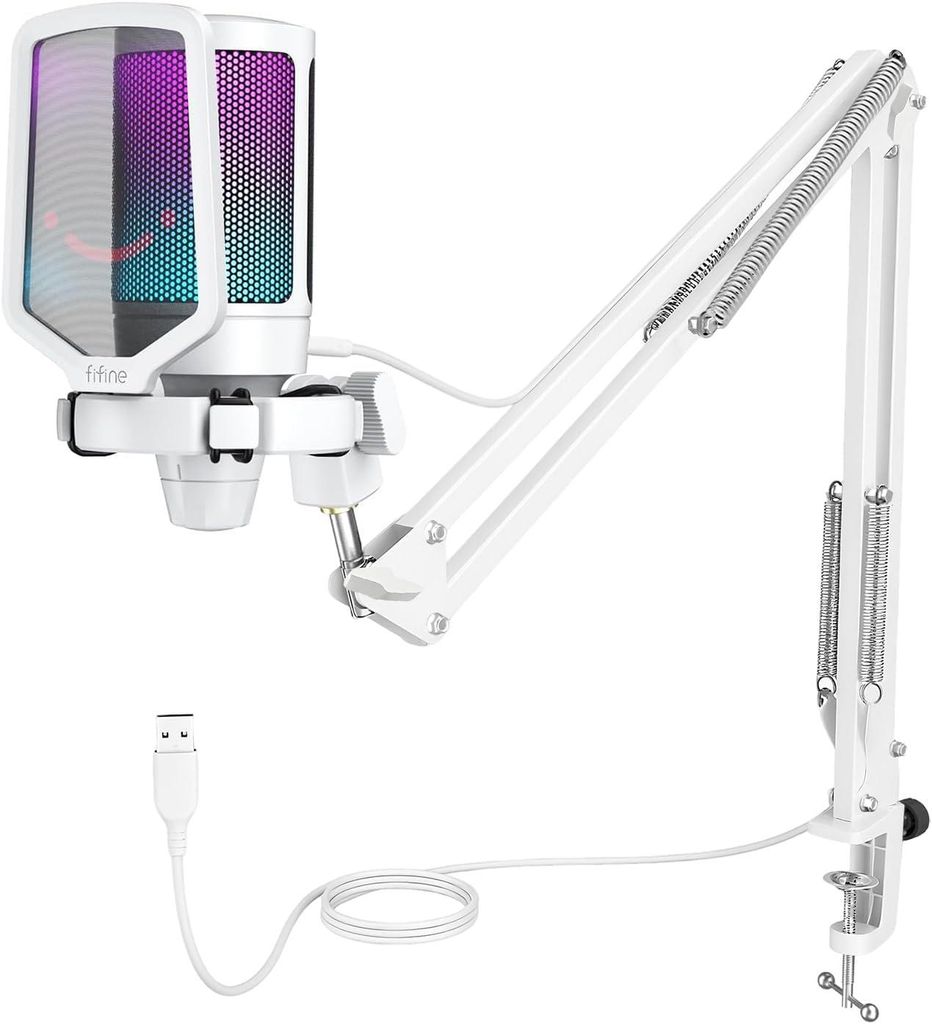 FIFINE USB Mikrofon PC Gaming mit Arm Microphone weiß für MAC PS4 PS5 Studio