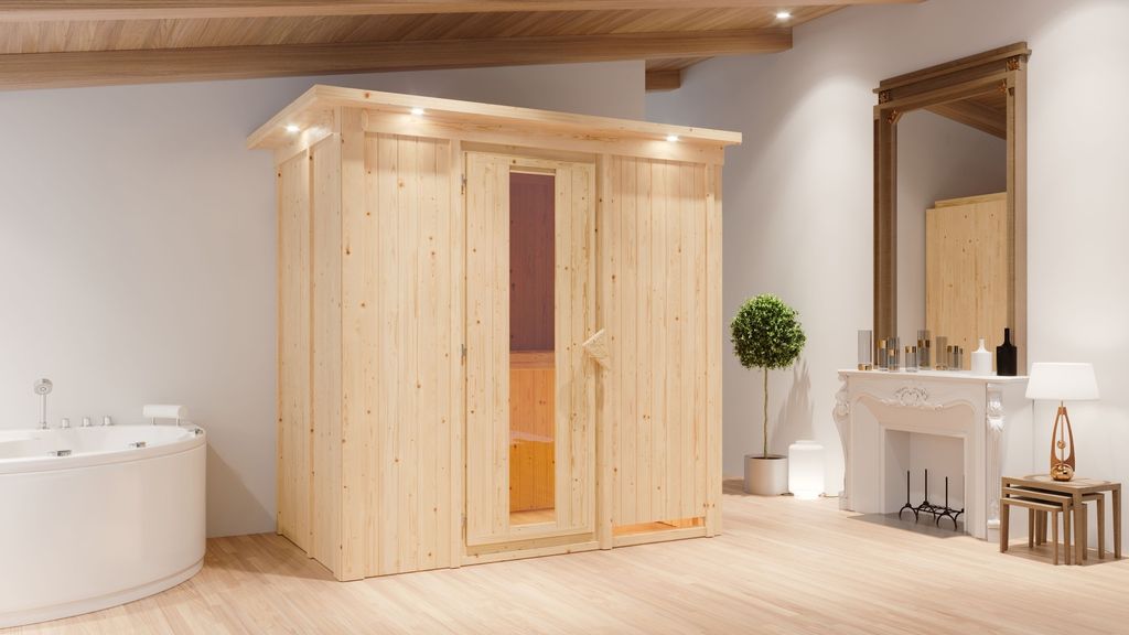 Karibu Sauna Innensauna Variado Fronteinstieg Ofen 9 kW integr. Strg 210x132x202 cm mit Dachkranz mit Energiespartür