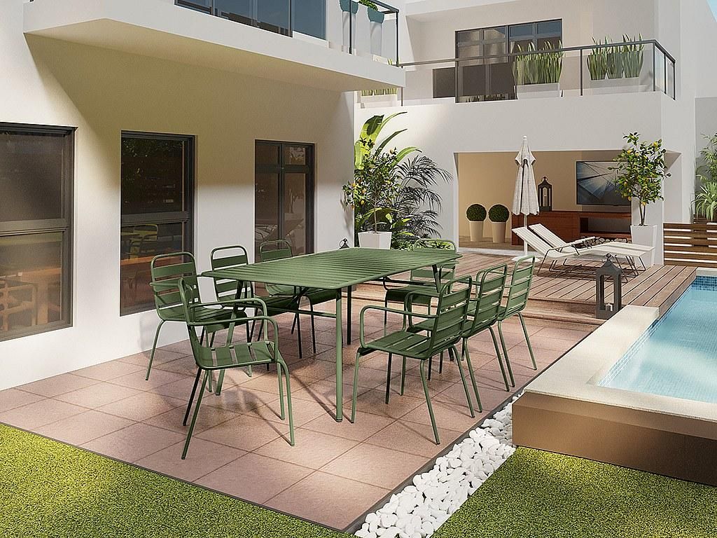 Metall-Gartenmöbelset – Tisch 200 cm lang und 8 Klappstühle – Khaki – MIRMANDE von MYLIA
