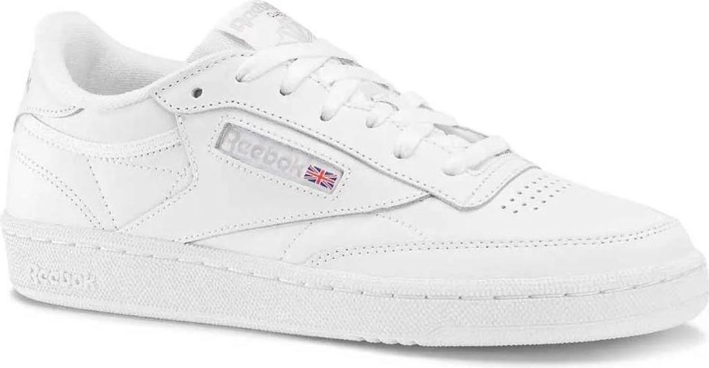 A white Reebok Club C 85 sneaker is shown from a side angle against a white background.