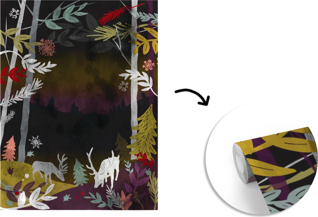 MuchoWow Fototapete für Wohnzimmer oder Schlafzimmer Wandtapete Vinyl Motivtapete Eine Illustration eines nächtlichen Waldes - 175x240 cm - Sch...