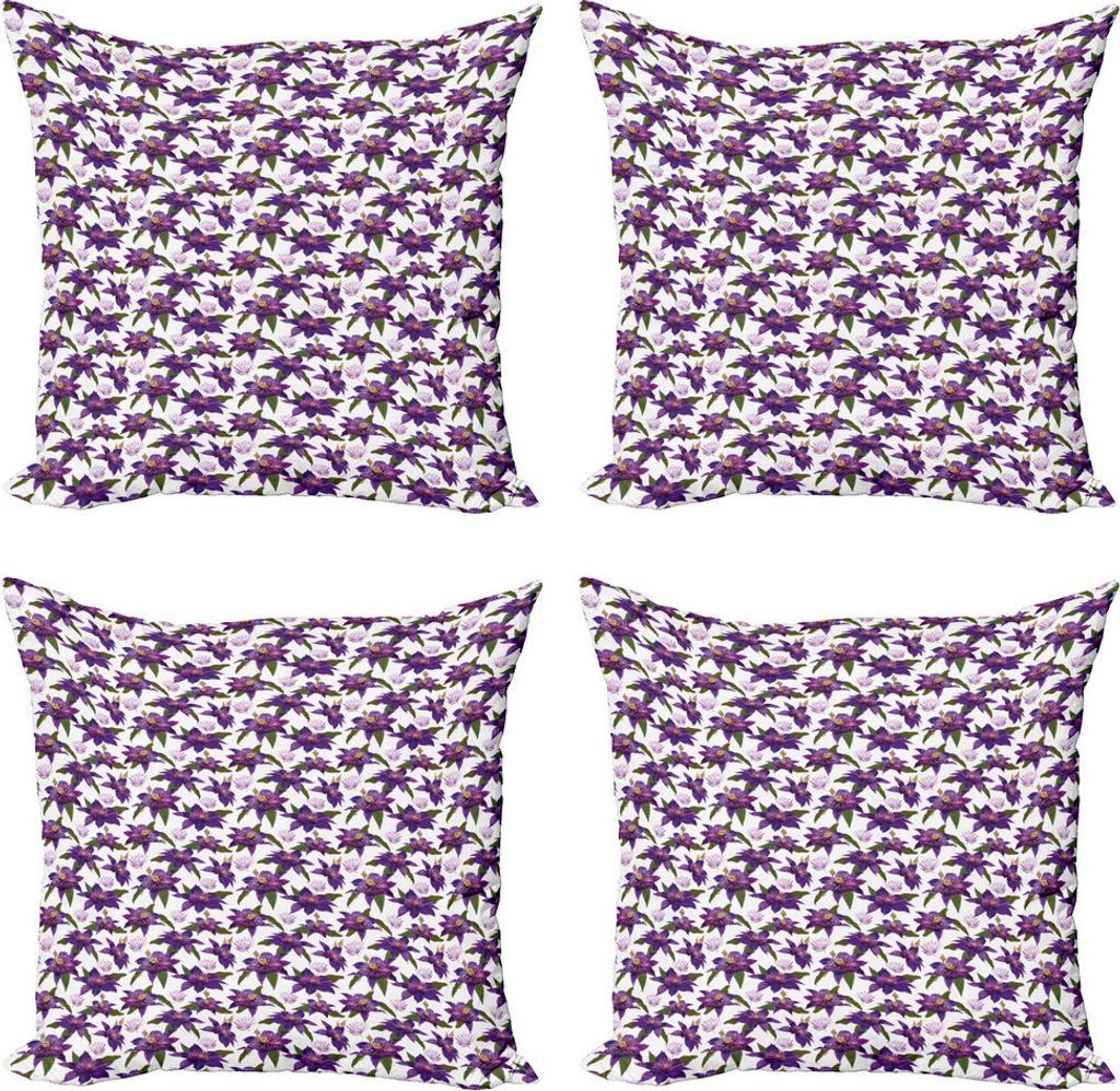 ABAKUHAUS Blumen Kissenbezug Set (4 Stück), Clematis Blüten Blick, Moderner Doppelseitiger Digitaldruck, 60 cm x 60 cm, Lila Dunkelgrün Weiß