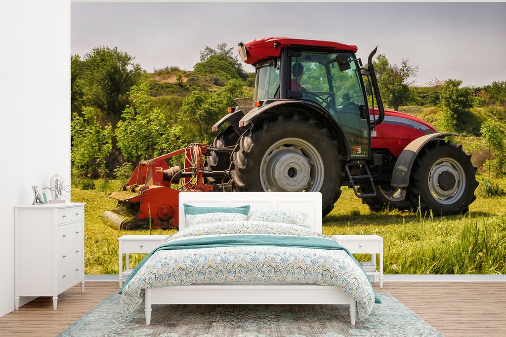 MuchoWow Fototapete für Wohnzimmer oder Schlafzimmer Wandtapete Vinyl Motivtapete Traktor - Rot - Natur - Grün - Landleben - 295x220 cm - Wand ...
