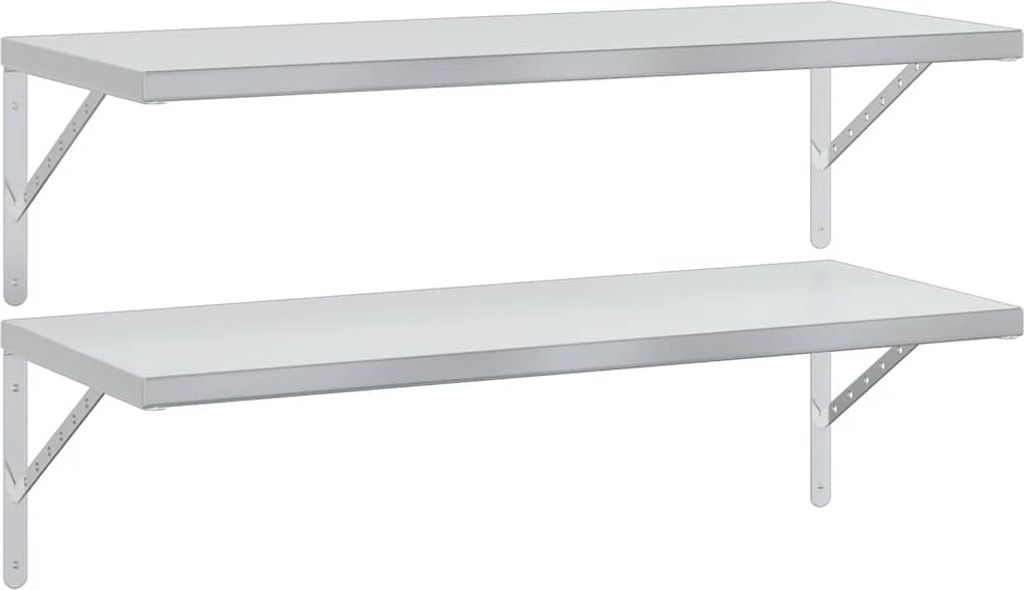 Two silver stainless steel wall shelves are mounted on a white background.