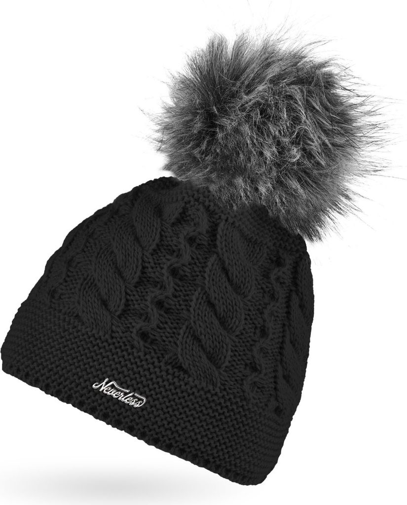 Damen Strick-Mütze mit Zopfmuster gefüttert mit Fleece Pelzbommel Kunstfell Winter-Mütze Bommelmütze Neverless schwarz