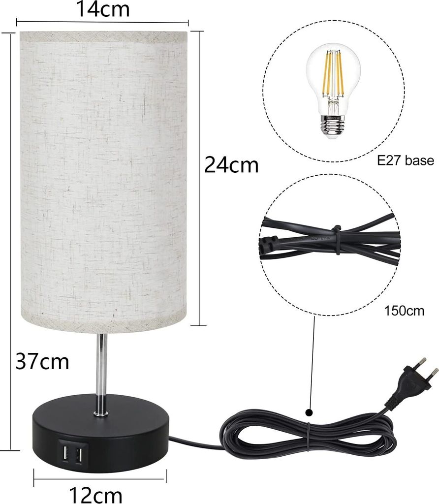 ZMH Tischlampe Wohnzimmer Nachttischlampe USB - 2er Schwarz Produktbild 5