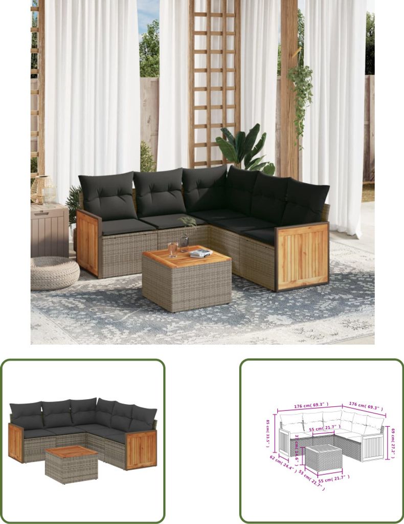 The Living Store 6-tlg. Garten-Sofagarnitur mit Kissen Grau Poly Rattan