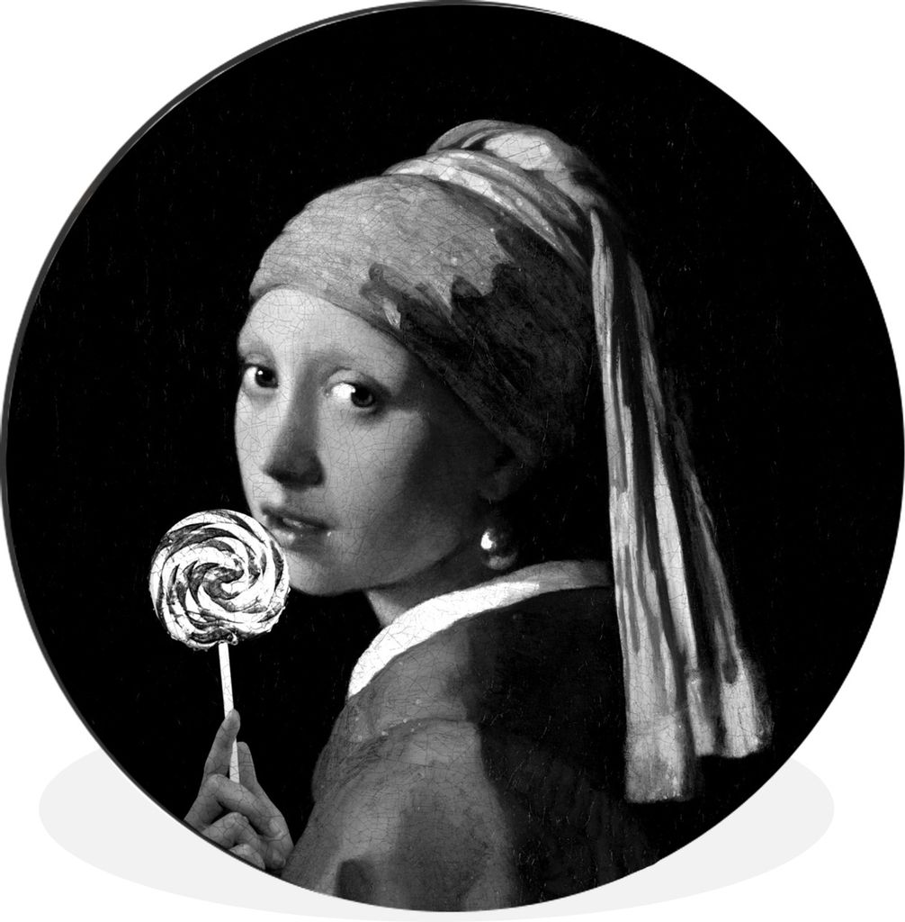 MuchoWow Aluminium Wandkreis Das Mädchen mit dem Perlenohrring - Johannes Vermeer - Schwarz und weiß Ø 30 cm Wanddeko Modern Wohnzimmer - Wand...