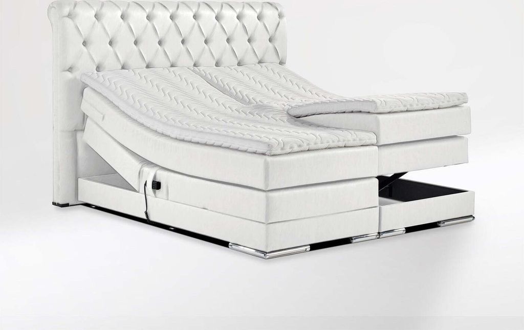 W. ROYAL Boxspringbett 180 x 200 cm Manchester CB e-Motion Elektrisch verstellbar inkl. Topper & Matratze Komplet Set Polsterbett Weiß Kunstleder