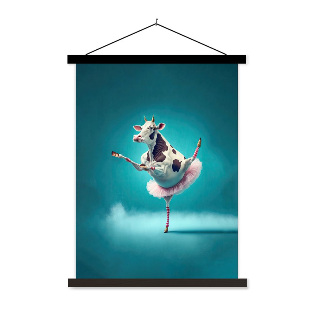 MuchoWow Textilposter Kuh - Ballett - Porträt - Blau - Tiere - Kind 40x53 cm mit schwarzem Rahmen - Abbildung