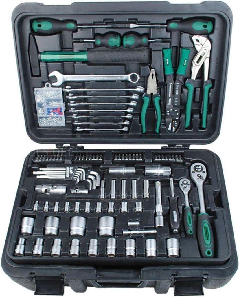 A black tool case filled with various tools.