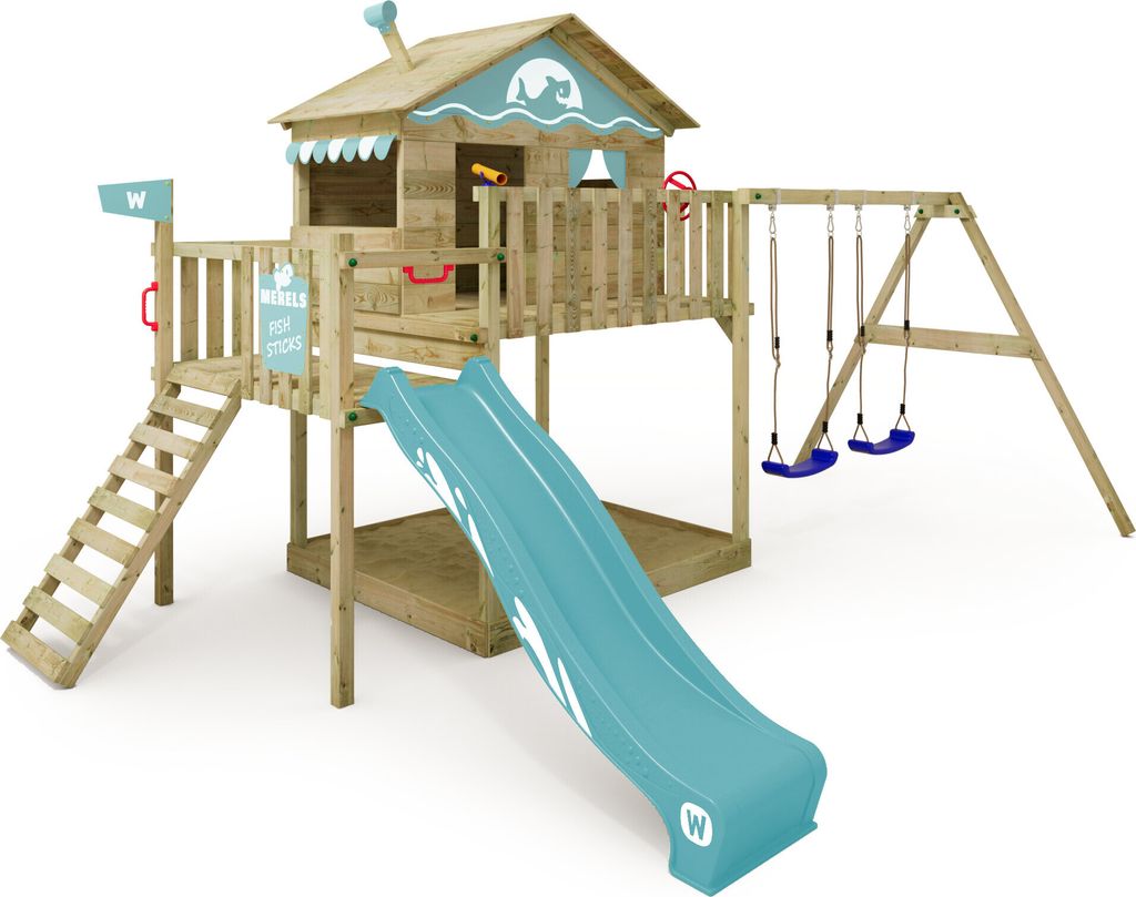 WICKEY Spielturm Klettergerüst Smart Coast mit Schaukel & Rutsche, Stelzenhaus mit Sandkasten, Kletterleiter & Spiel-Zubehör – pastellblau