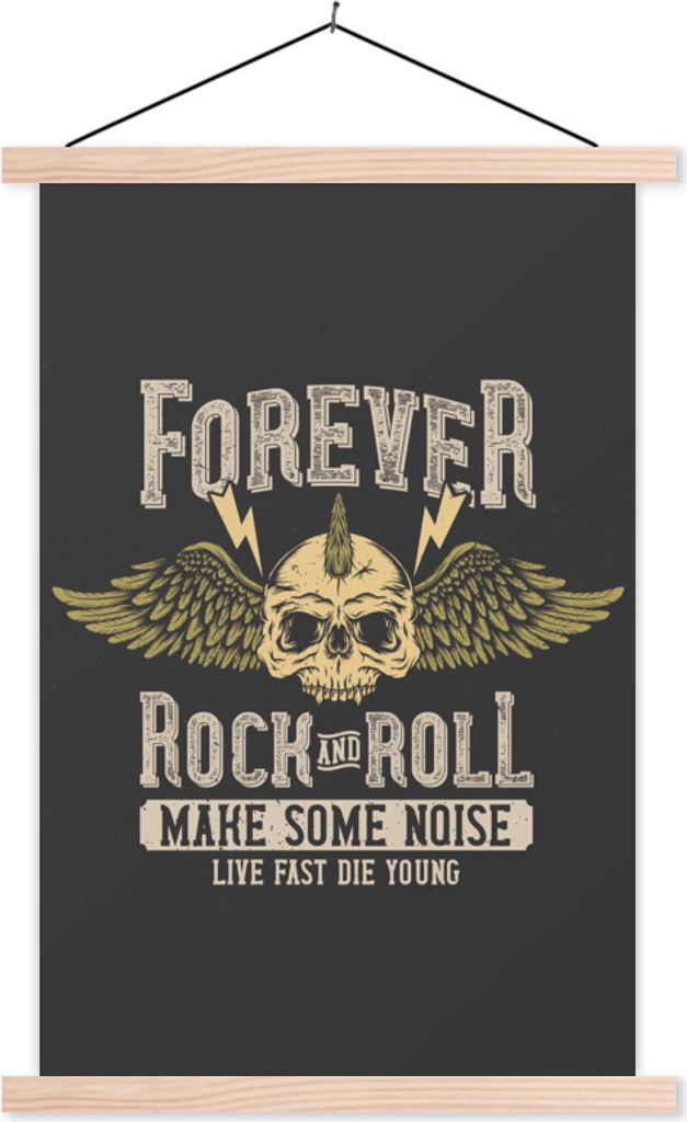 MuchoWow Textilposter Vintage - Sprichwörter - Zitate - 'Für immer Rock'n'Roll machen Lärm leben schnell sterben jung'. 120x180 cm mit holzfar...