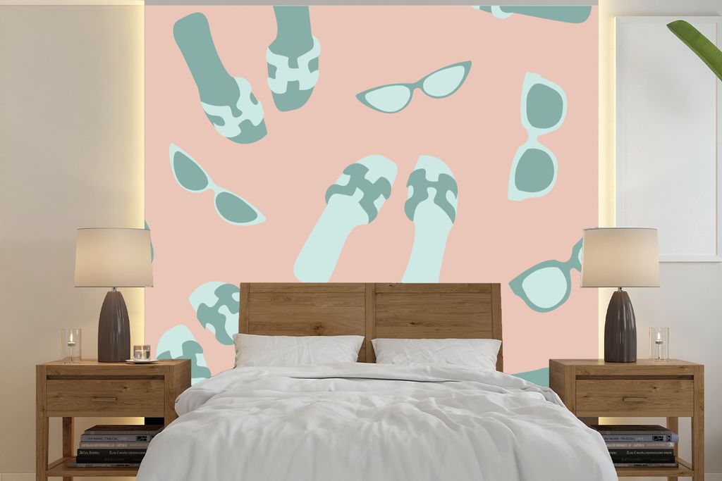 MuchoWow Fototapete für Wohnzimmer oder Schlafzimmer Wandtapete Vinyl Motivtapete Sommer - Hausschuhe - Sonnenbrille - 240x240 cm - Schlafzimmer...