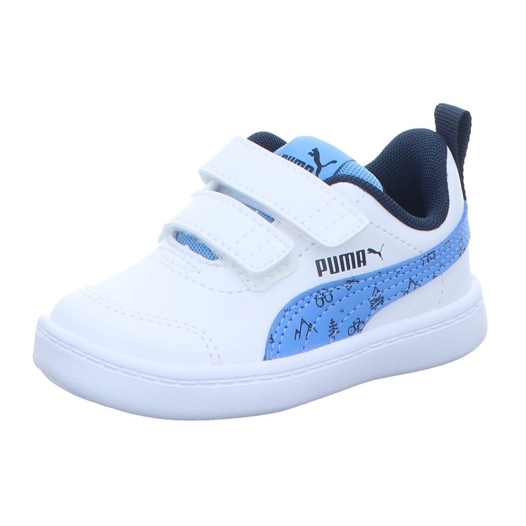 Puma Jungen-Sneaker-Slipper-Klettschuh Courtflex v2 Woods V Inf Weiß-Blau, Farbe:weiß, EU Größe:23