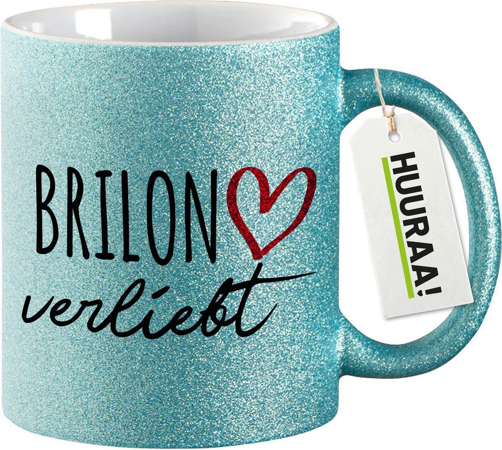 Huuraa Glitzertasse Brilon verliebt 330ml Blau Keramik Kaffeebecher Geschenkidee