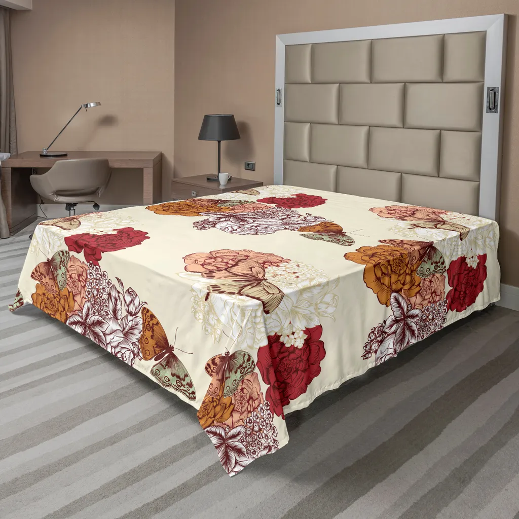 Drap de lit pour décoration de chambre romantique, fleurs et papillons