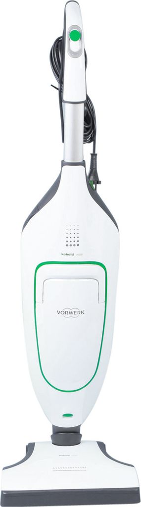 A white and gray vacuum cleaner with a green accent is shown against a white background.