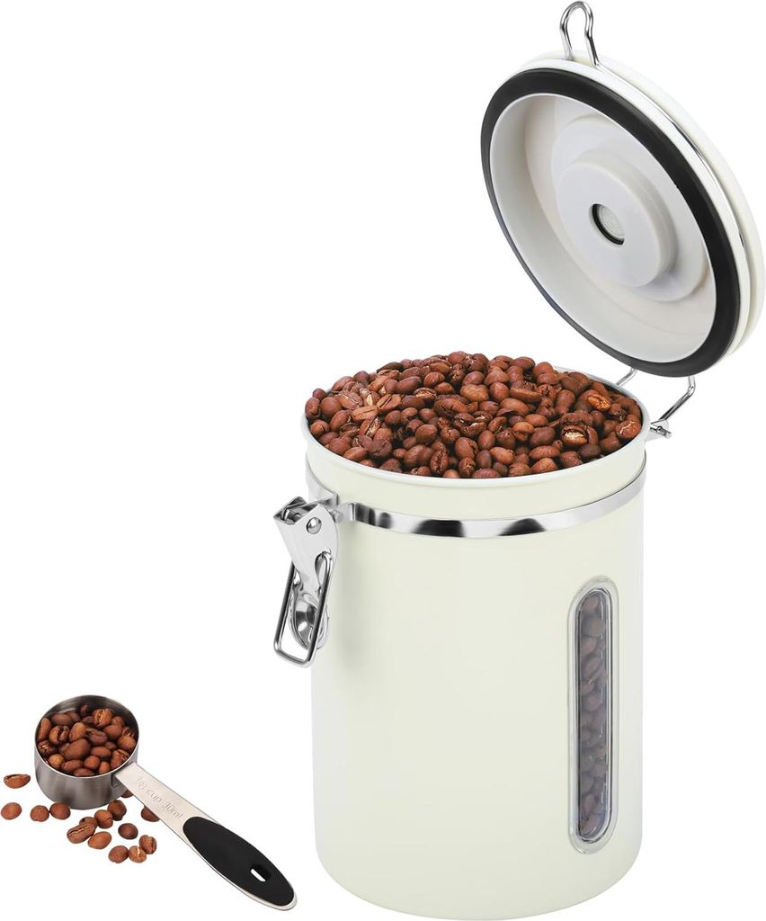 Kaffeebehälter mit Messlöffel - 1,8L - Edelstahl Vorratsdose für Kaffeebohnen - Luftdichtes Aufbewahrungsbehältnis - Mit Datumsrad - Weiß
