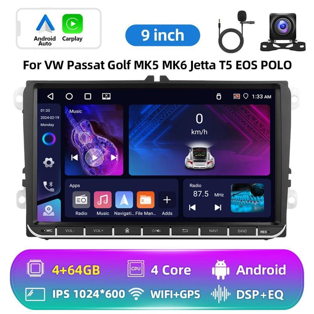 Android Autoradio - 2-DIN - Touchscreen 22,9 cm - 4‐Kern CPU - 4 GB RAM 64 GB ROM - GPS - Rückfahrkamera - Orange