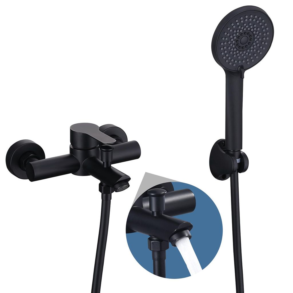 Homelody Badewannenarmatur mit Handbrause, Mischbatterie Badewanne Wandmontage, 2 Ausgänge Einhebelmischer Duscharmatur mit Wanneneinlauf, Schwarz