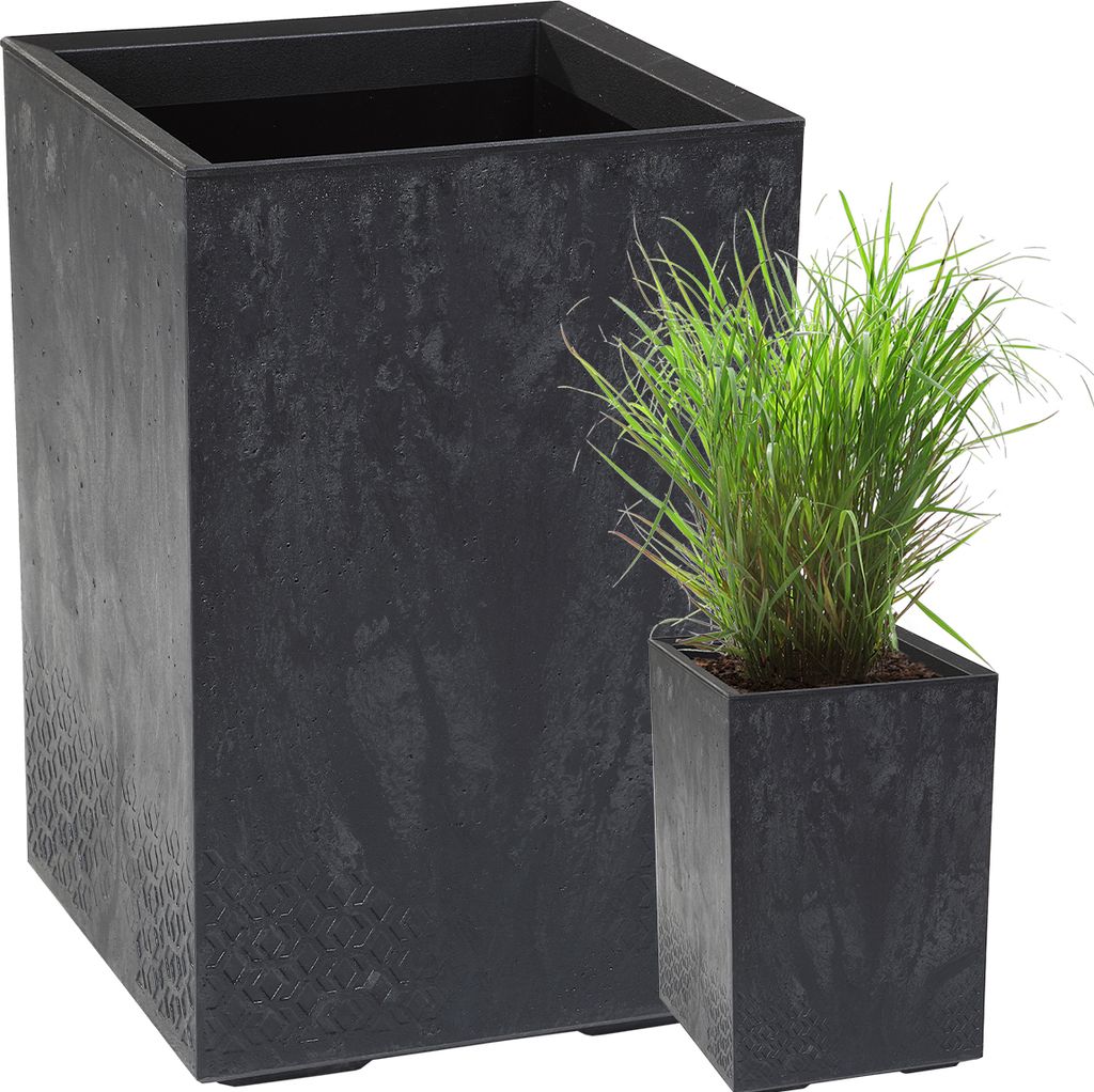 Two dark gray square planters, one larger and one smaller with a green plant, are shown against a white background.