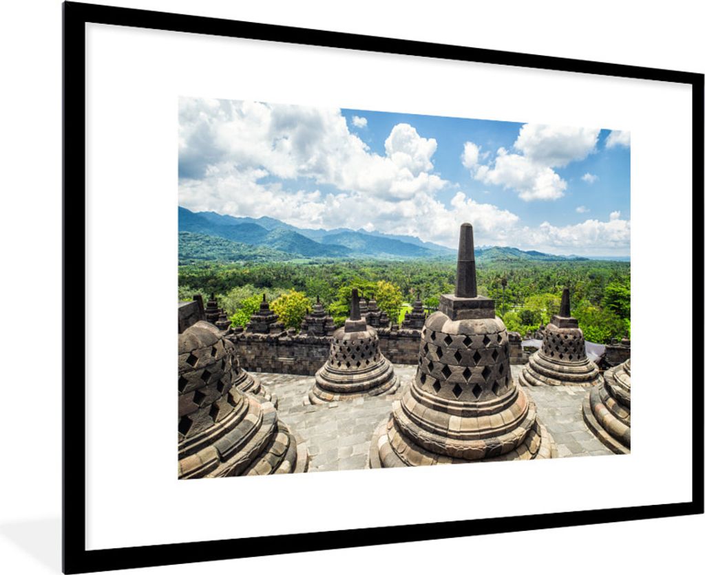 MuchoWow Gerahmtes Poster Weiße Wolken über dem Borobudur-Tempel 90x60 cm - Poster mit Schwarzem Bilderrahmen Wandposter Rahmen Foto Bilder - W...