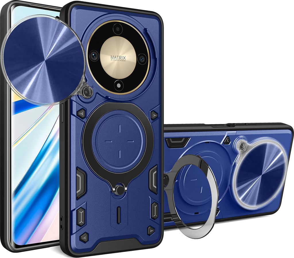 Handyhülle für Honor X9b Dual-Layer Stoßfest Rüstung Hülle mit Dia Kameraschutz und Kreisförmig Ring Ständer Blau